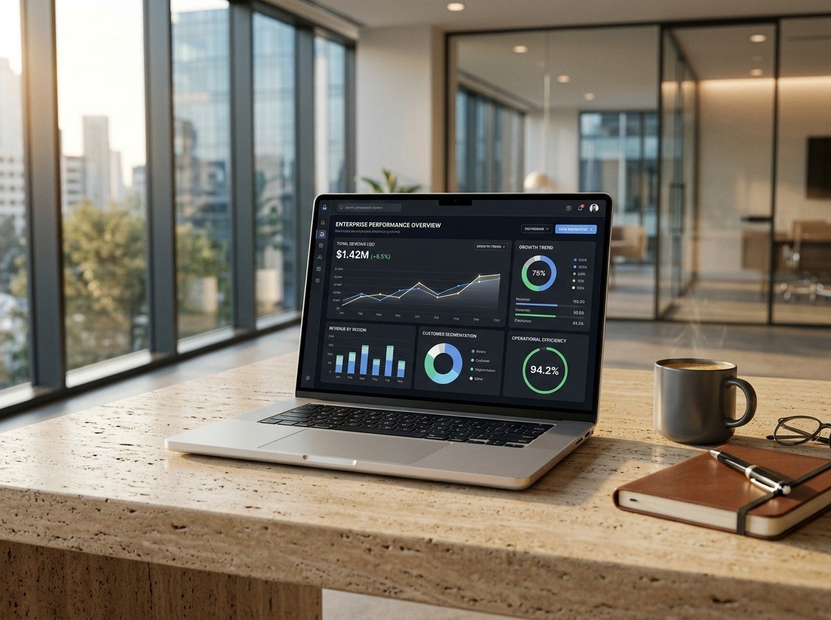 Unified central data reporting dashboard on laptop
